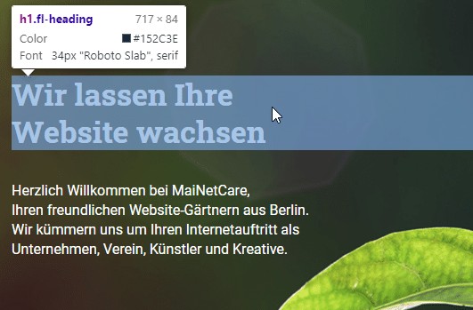 Inspektor-Ansicht auf die Hauptüberschrift auf mainetcare.de