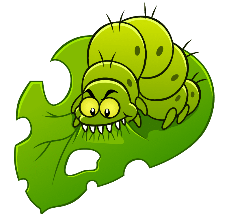 Comic of a voracious caterpillar with a leaf - symbolic of a hacked website