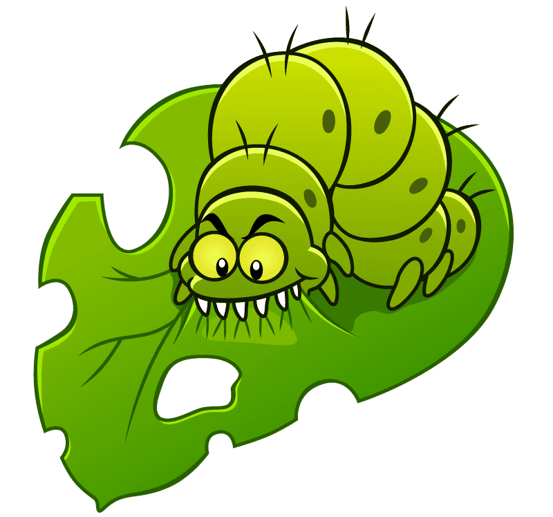 Comic of a voracious caterpillar with a leaf - symbolising a hacked website