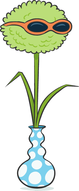 Illustration einer grünen Blume mit einer Sonnenbrille auf, die in einer blau gepunkteten Vase steht