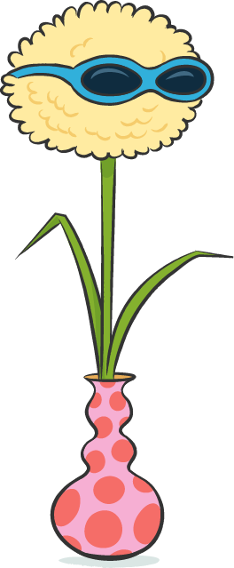 Illustration einer gelben Blume mit einer Sonnenbrille auf, die in einer rot gepunkteten Vase steht