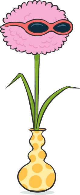 Illustration einer roten Blume mit einer Sonnenbrille auf, die in einer gelb gepunkteten Vase steht