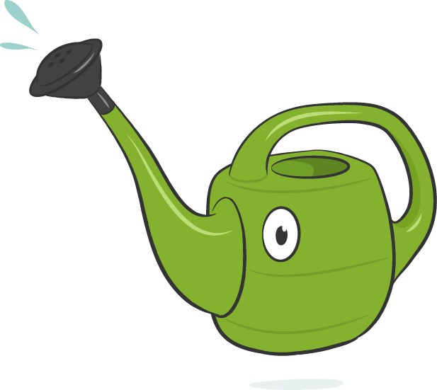 An illustration of a green watering can looking in amazement