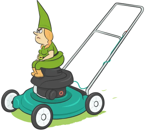 Illustration of a determined looking dwarf sitting on a lawnmower.