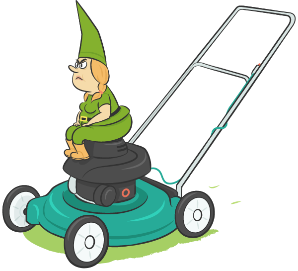 Illustration of a determined looking dwarf sitting on a lawnmower.