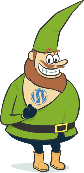 Illustration of a tall dwarf with a red beard proudly displaying his WordPress tattoo on his chest