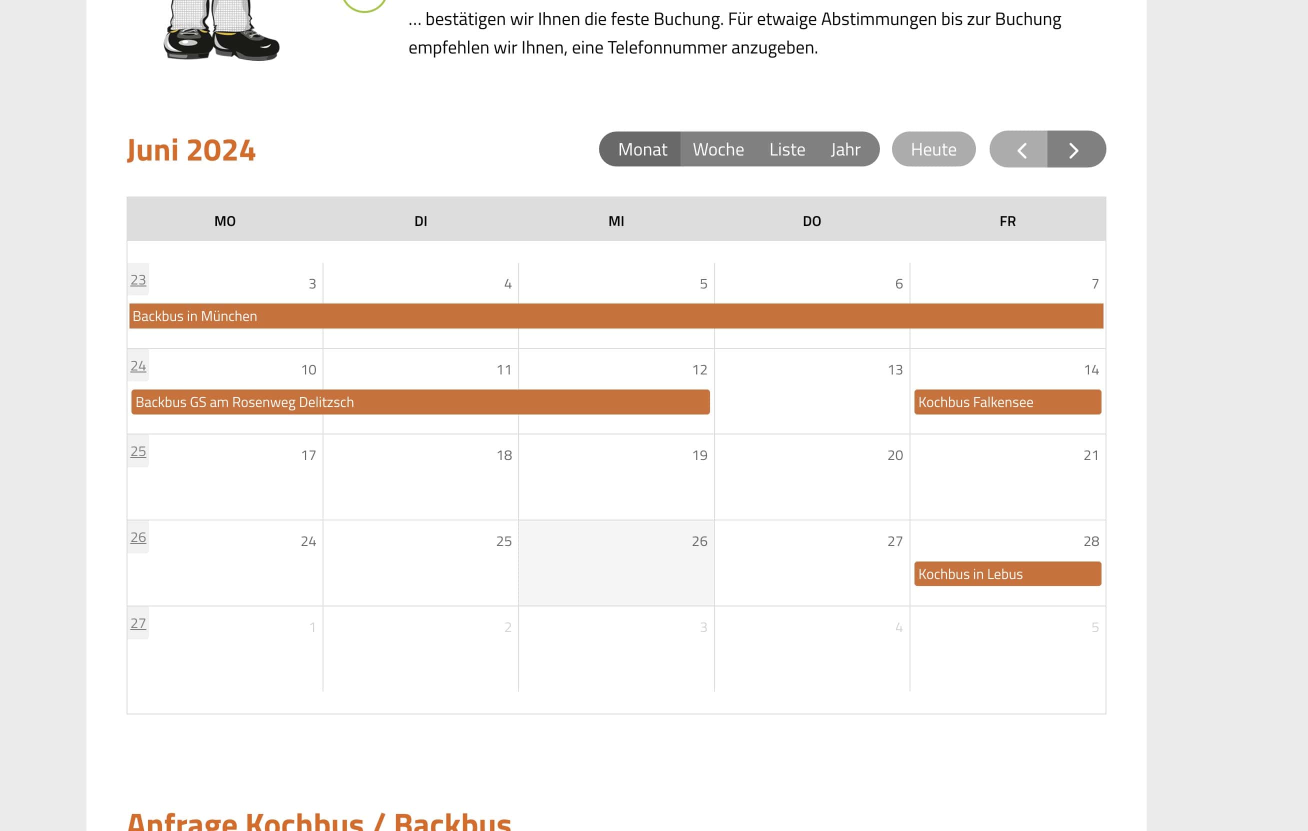 Example of a calendar integration on a MaiNetCare-GmbH website