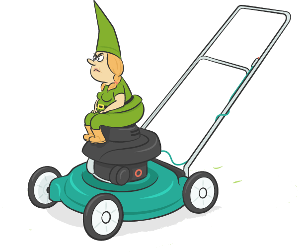 Illustration of a determined looking dwarf sitting on a lawnmower.